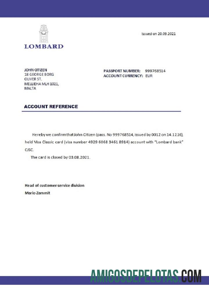 Referência de fechamento do banco Lombard de Malta exemplo